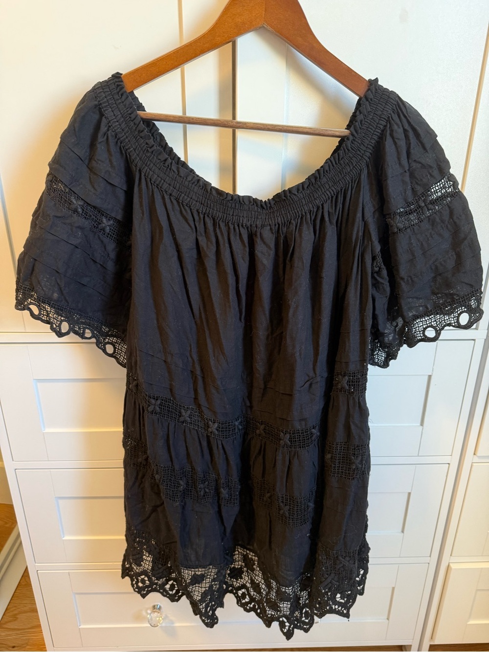 Free People Black Off-Shoulder Crochet-Trim Mini Dress